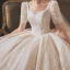 Vintage / Retro Champagne Bridal Wedding Dresses 2020 Ball Gown Square Neckline Short Sleeve Backless Glitter Appliques Lace Cathedral Train Ruffle