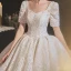 Vintage / Retro Champagne Bridal Wedding Dresses 2020 Ball Gown Square Neckline Short Sleeve Backless Glitter Appliques Lace Cathedral Train Ruffle