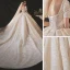 Vintage / Retro Champagne Bridal Wedding Dresses 2020 Ball Gown Square Neckline Short Sleeve Backless Glitter Appliques Lace Cathedral Train Ruffle