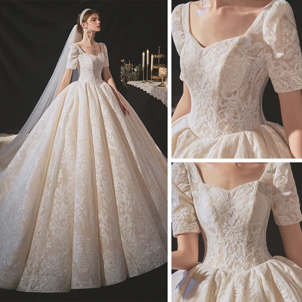 Vintage / Retro Champagne Bridal Wedding Dresses 2020 Ball Gown Square Neckline Short Sleeve Backless Glitter Appliques Lace Cathedral Train Ruffle