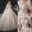 Vintage / Retro Champagne Bridal Wedding Dresses 2020 Ball Gown Square Neckline Short Sleeve Backless Glitter Appliques Lace Cathedral Train Ruffle
