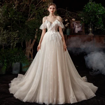 Champagne Outdoor Garden Light Wedding Dresses 2020 A Line Princess Spaghetti Straps Short Sleeve Backless Glitter Tulle Sweep Train Ruffle
