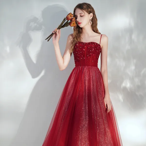 Elegant Burgundy Evening Dresses  2020 A-Line / Princess Spaghetti Straps Sleeveless Sequins Beading Glitter Tulle Floor-Length / Long Ruffle Backless Formal Dresses