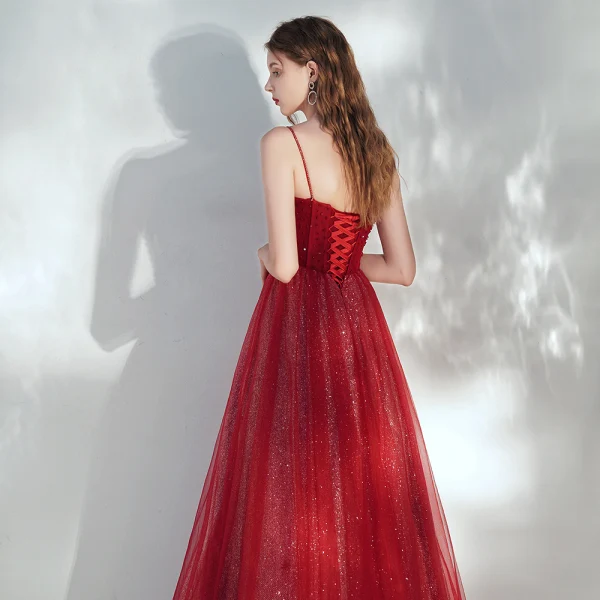 Elegant Burgundy Evening Dresses  2020 A-Line / Princess Spaghetti Straps Sleeveless Sequins Beading Glitter Tulle Floor-Length / Long Ruffle Backless Formal Dresses