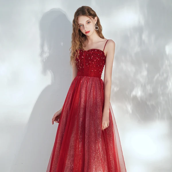 Elegant Burgundy Evening Dresses  2020 A-Line / Princess Spaghetti Straps Sleeveless Sequins Beading Glitter Tulle Floor-Length / Long Ruffle Backless Formal Dresses