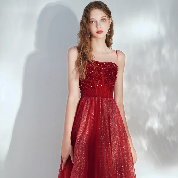 Elegant Burgundy Evening Dresses  2020 A-Line / Princess Spaghetti Straps Sleeveless Sequins Beading Glitter Tulle Floor-Length / Long Ruffle Backless Formal Dresses