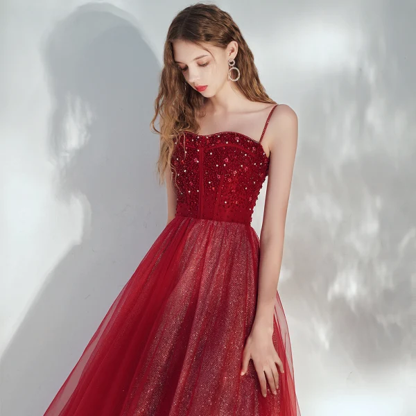 Elegant Burgundy Evening Dresses  2020 A-Line / Princess Spaghetti Straps Sleeveless Sequins Beading Glitter Tulle Floor-Length / Long Ruffle Backless Formal Dresses