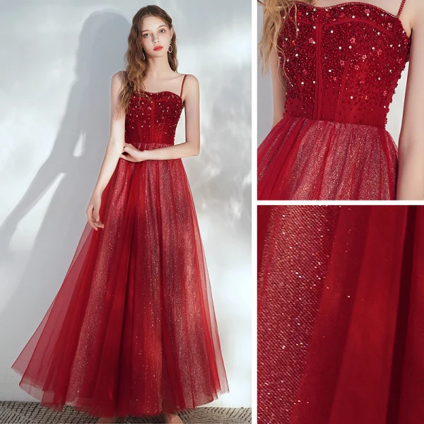 Elegant Burgundy Evening Dresses  2020 A-Line / Princess Spaghetti Straps Sleeveless Sequins Beading Glitter Tulle Floor-Length / Long Ruffle Backless Formal Dresses