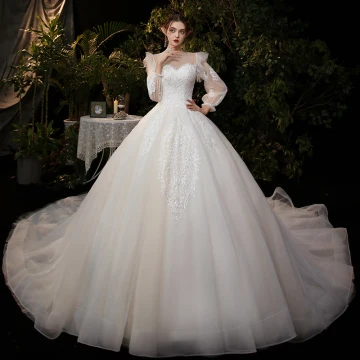 Victorian Style Champagne Bridal Wedding Dresses 2020 Ball Gown See Through Scoop Neck Puffy Long Sleeve Backless Appliques Sequins Cathedral Train Ruffle