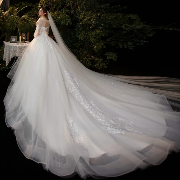 Victorian Style Champagne Bridal Wedding Dresses 2020 Ball Gown See-through Scoop Neck Puffy Long Sleeve Backless Appliques Sequins Cathedral Train Ruffle