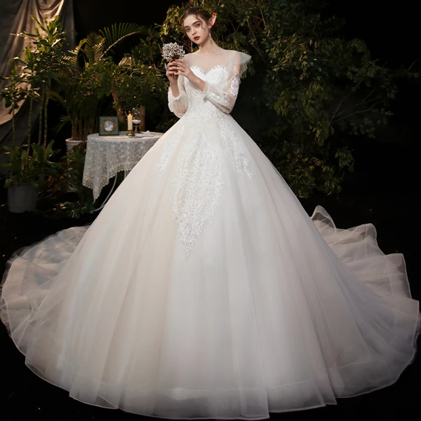 Victorian Style Champagne Bridal Wedding Dresses 2020 Ball Gown See-through Scoop Neck Puffy Long Sleeve Backless Appliques Sequins Cathedral Train Ruffle