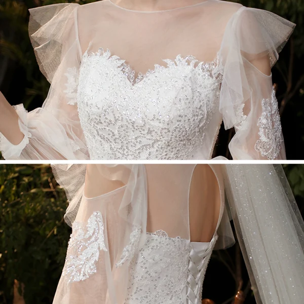 Victorian Style Champagne Bridal Wedding Dresses 2020 Ball Gown See-through Scoop Neck Puffy Long Sleeve Backless Appliques Sequins Cathedral Train Ruffle