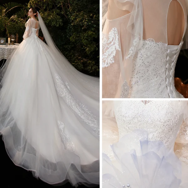 Victorian Style Champagne Bridal Wedding Dresses 2020 Ball Gown See-through Scoop Neck Puffy Long Sleeve Backless Appliques Sequins Cathedral Train Ruffle
