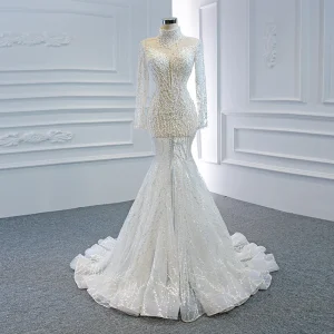 Luxe Blanche Transparentes La Mariée Robe De Mariée 2020 Trompette Sirène Col Haut Manches Longues Fait Main Perlage Tribunal Train