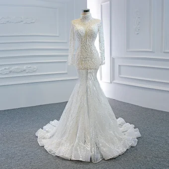 Luxe Blanche Transparentes La Mariée Robe De Mariée 2020 Trompette Sirène Col Haut Manches Longues Fait Main Perlage Tribunal Train