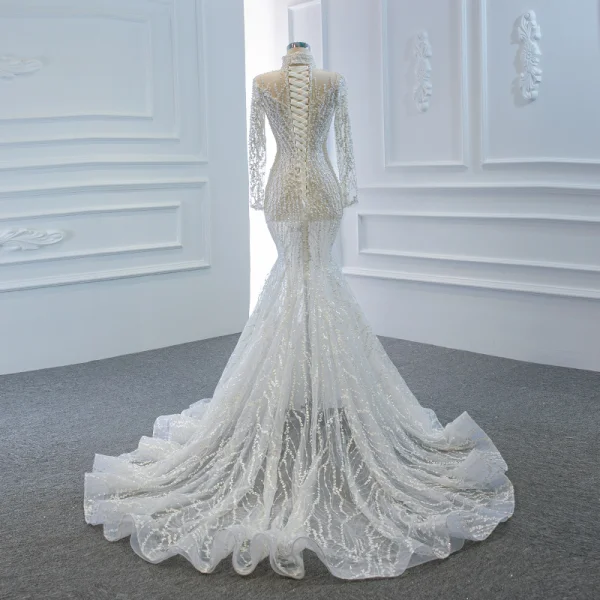 Luxe Blanche Transparentes La Mariée Robe De Mariée 2020 Trompette / Sirène Col Haut Manches Longues Fait main Perlage Tribunal Train