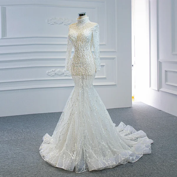 Luxe Blanche Transparentes La Mariée Robe De Mariée 2020 Trompette / Sirène Col Haut Manches Longues Fait main Perlage Tribunal Train