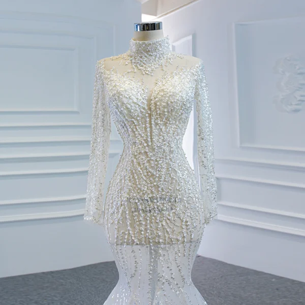 Luxe Blanche Transparentes La Mariée Robe De Mariée 2020 Trompette / Sirène Col Haut Manches Longues Fait main Perlage Tribunal Train