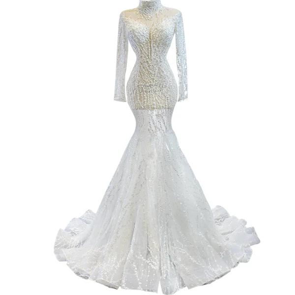 Luxe Blanche Transparentes La Mariée Robe De Mariée 2020 Trompette / Sirène Col Haut Manches Longues Fait main Perlage Tribunal Train