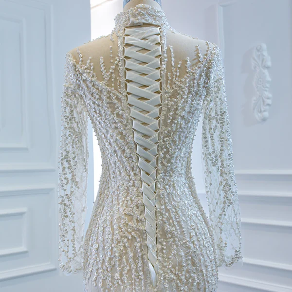 Luxe Blanche Transparentes La Mariée Robe De Mariée 2020 Trompette / Sirène Col Haut Manches Longues Fait main Perlage Tribunal Train