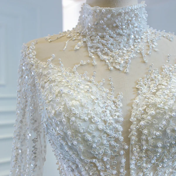Luxe Blanche Transparentes La Mariée Robe De Mariée 2020 Trompette / Sirène Col Haut Manches Longues Fait main Perlage Tribunal Train
