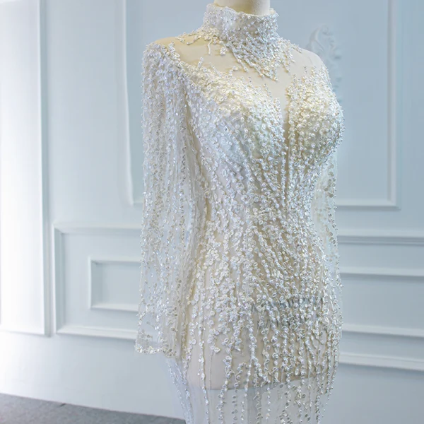 Luxe Blanche Transparentes La Mariée Robe De Mariée 2020 Trompette / Sirène Col Haut Manches Longues Fait main Perlage Tribunal Train