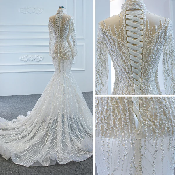 Luxe Blanche Transparentes La Mariée Robe De Mariée 2020 Trompette / Sirène Col Haut Manches Longues Fait main Perlage Tribunal Train