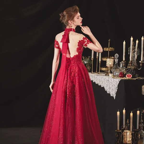 Chinese style Burgundy Engagement Prom Dresses 2020 A-Line / Princess See-through High Neck Short Sleeve Backless Sequins Beading Glitter Tulle Floor-Length / Long Ruffle