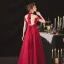 Chinese style Burgundy Engagement Prom Dresses 2020 A-Line / Princess See-through High Neck Short Sleeve Backless Sequins Beading Glitter Tulle Floor-Length / Long Ruffle