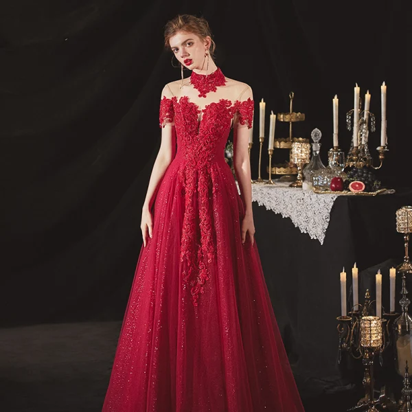 Chinese style Burgundy Engagement Prom Dresses 2020 A-Line / Princess See-through High Neck Short Sleeve Backless Sequins Beading Glitter Tulle Floor-Length / Long Ruffle