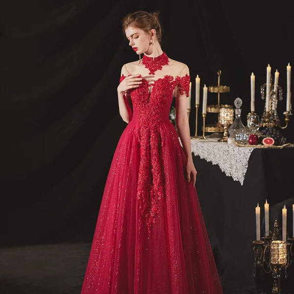 Chinese style Burgundy Engagement Prom Dresses 2020 A-Line / Princess See-through High Neck Short Sleeve Backless Sequins Beading Glitter Tulle Floor-Length / Long Ruffle