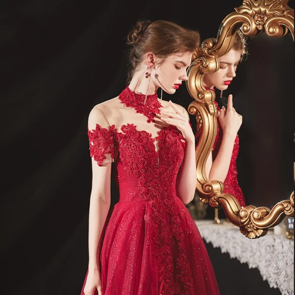 Chinese style Burgundy Engagement Prom Dresses 2020 A-Line / Princess See-through High Neck Short Sleeve Backless Sequins Beading Glitter Tulle Floor-Length / Long Ruffle
