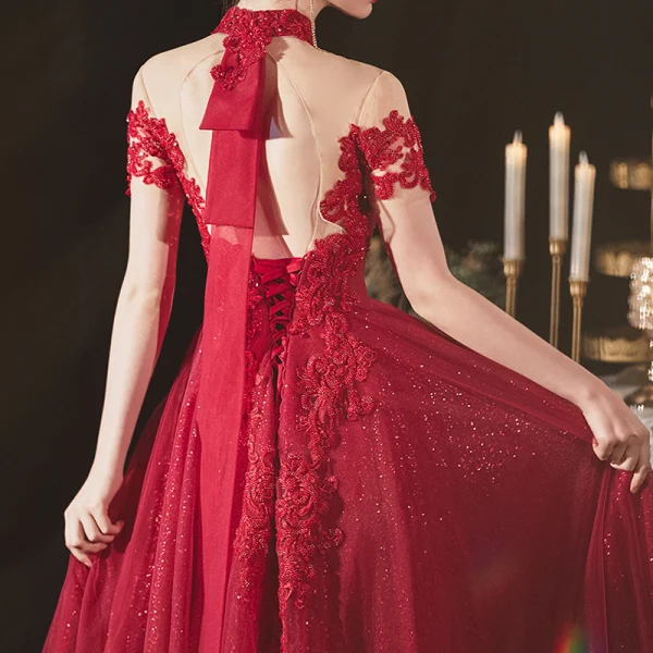 Chinese style Burgundy Engagement Prom Dresses 2020 A-Line / Princess See-through High Neck Short Sleeve Backless Sequins Beading Glitter Tulle Floor-Length / Long Ruffle