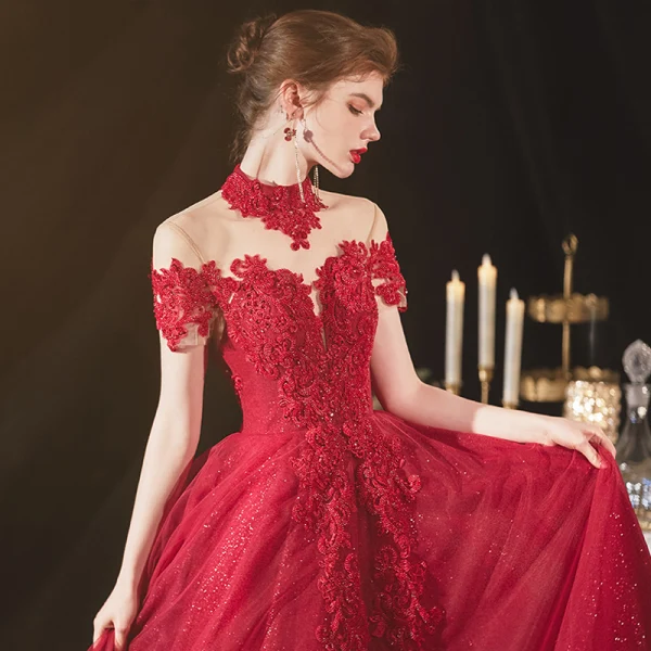 Chinese style Burgundy Engagement Prom Dresses 2020 A-Line / Princess See-through High Neck Short Sleeve Backless Sequins Beading Glitter Tulle Floor-Length / Long Ruffle