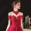 Chinese style Burgundy Engagement Prom Dresses 2020 A-Line / Princess See-through High Neck Short Sleeve Backless Sequins Beading Glitter Tulle Floor-Length / Long Ruffle