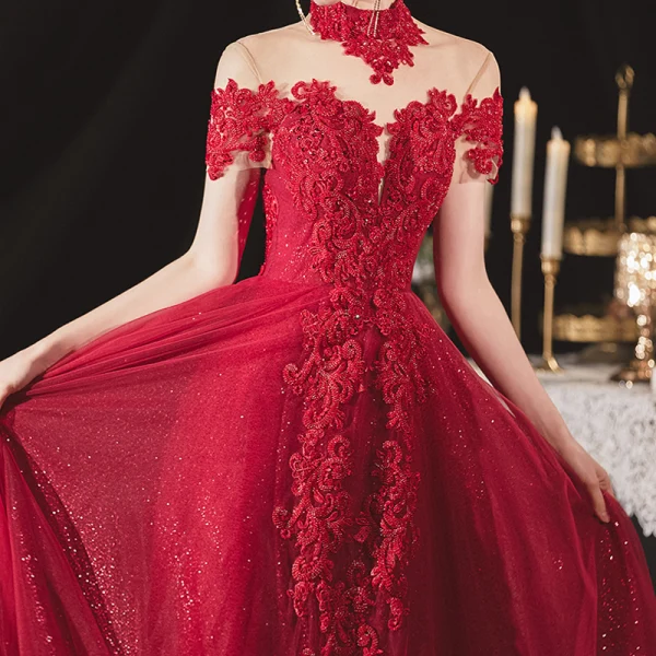 Chinese style Burgundy Engagement Prom Dresses 2020 A-Line / Princess See-through High Neck Short Sleeve Backless Sequins Beading Glitter Tulle Floor-Length / Long Ruffle