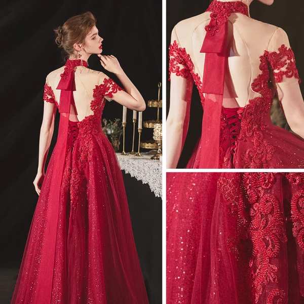 Chinese style Burgundy Engagement Prom Dresses 2020 A-Line / Princess See-through High Neck Short Sleeve Backless Sequins Beading Glitter Tulle Floor-Length / Long Ruffle