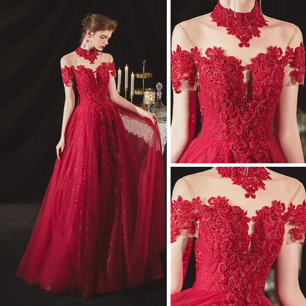 Chinese style Burgundy Engagement Prom Dresses 2020 A-Line / Princess See-through High Neck Short Sleeve Backless Sequins Beading Glitter Tulle Floor-Length / Long Ruffle
