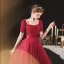 Élégant Bordeaux De Fiançailles Robe De Bal 2020 Princesse Encolure Carrée Manches Courtes Ceinture Perlage Glitter Tulle Longue Volants Dos Nu Robe De Ceremonie