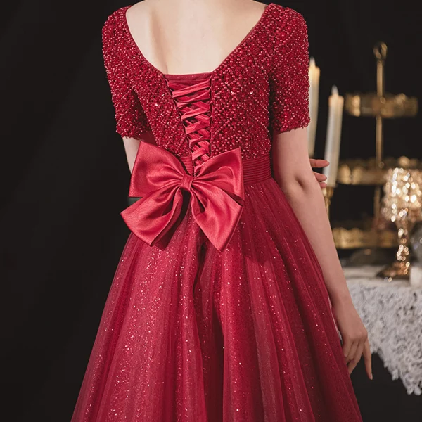 Élégant Bordeaux De Fiançailles Robe De Bal 2020 Princesse Encolure Carrée Manches Courtes Ceinture Perlage Glitter Tulle Longue Volants Dos Nu Robe De Ceremonie