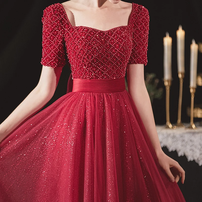 Elegant Burgundy Engagement Prom Dresses 2020 A-Line Princess Square Neckline Short Sash