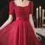 Élégant Bordeaux De Fiançailles Robe De Bal 2020 Princesse Encolure Carrée Manches Courtes Ceinture Perlage Glitter Tulle Longue Volants Dos Nu Robe De Ceremonie