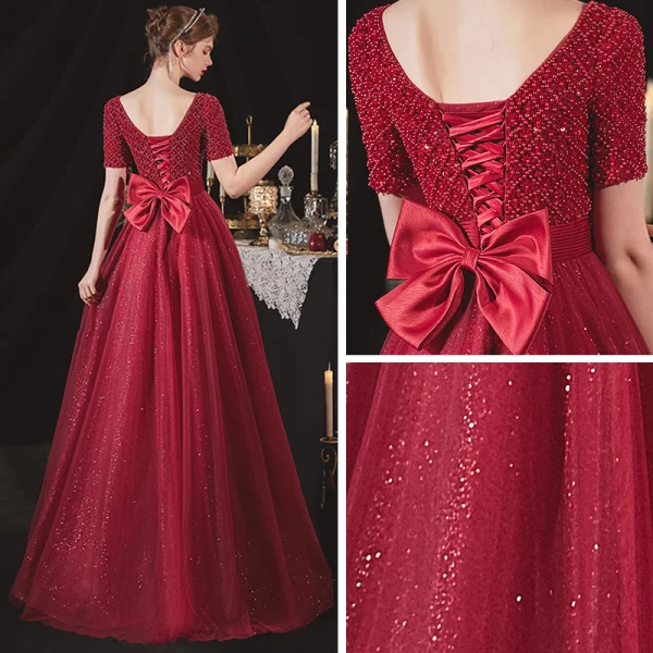 Élégant Bordeaux De Fiançailles Robe De Bal 2020 Princesse Encolure Carrée Manches Courtes Ceinture Perlage Glitter Tulle Longue Volants Dos Nu Robe De Ceremonie