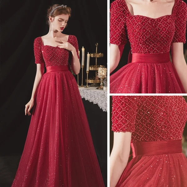 Élégant Bordeaux De Fiançailles Robe De Bal 2020 Princesse Encolure Carrée Manches Courtes Ceinture Perlage Glitter Tulle Longue Volants Dos Nu Robe De Ceremonie