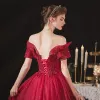 Chic / Beautiful Burgundy Engagement Prom Dresses 2020 A-Line / Princess Off-The-Shoulder Short Sleeve Appliques Lace Beading Glitter Tulle Floor-Length / Long Ruffle Backless Formal Dresses