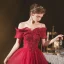 Chic / Beautiful Burgundy Engagement Prom Dresses 2020 A-Line / Princess Off-The-Shoulder Short Sleeve Appliques Lace Beading Glitter Tulle Floor-Length / Long Ruffle Backless Formal Dresses