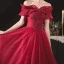Chic / Beautiful Burgundy Engagement Prom Dresses 2020 A-Line / Princess Off-The-Shoulder Short Sleeve Appliques Lace Beading Glitter Tulle Floor-Length / Long Ruffle Backless Formal Dresses