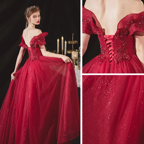 Chic / Beautiful Burgundy Engagement Prom Dresses 2020 A-Line / Princess Off-The-Shoulder Short Sleeve Appliques Lace Beading Glitter Tulle Floor-Length / Long Ruffle Backless Formal Dresses