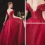 Chic / Beautiful Burgundy Engagement Prom Dresses 2020 A-Line / Princess Off-The-Shoulder Short Sleeve Appliques Lace Beading Glitter Tulle Floor-Length / Long Ruffle Backless Formal Dresses