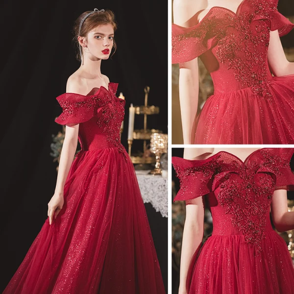Chic / Beautiful Burgundy Engagement Prom Dresses 2020 A-Line / Princess Off-The-Shoulder Short Sleeve Appliques Lace Beading Glitter Tulle Floor-Length / Long Ruffle Backless Formal Dresses